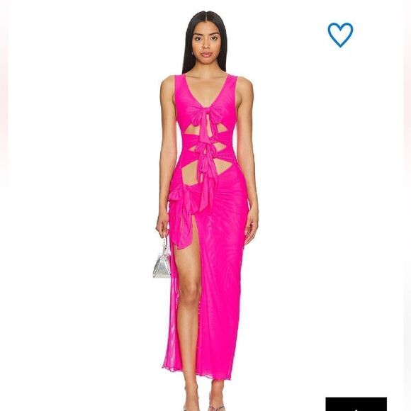 Superdown Nelly sheer maxi dress hot pink cut out mesh tie midi Revolve XS - Picture 1 of 13